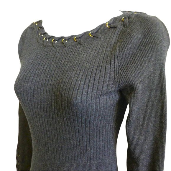 Cache Dresses & Skirts - Cache Charcoal Grey Sweater Dress Lace Up Neckline Cuffs Ribbed Knit Bodycon S